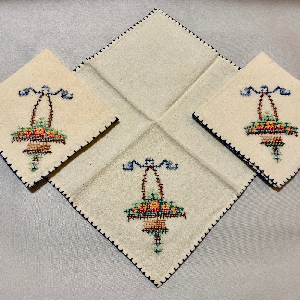 Lot 3 Vintage Hand Cross Stitched Linen Napkins w Blue Hemstitched Edge 10”x10"